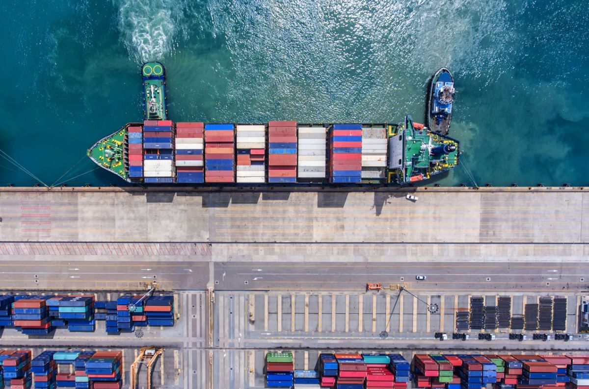 A port with cargo docked